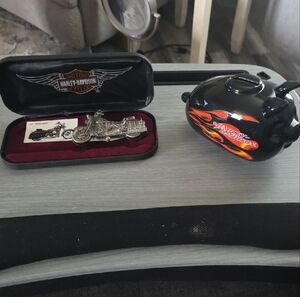Harley-Davidson Silver Motorcycle Model with Black Piggy Bank